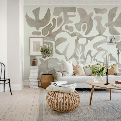 Fototapet bej cu forme abstracte într-un living modern