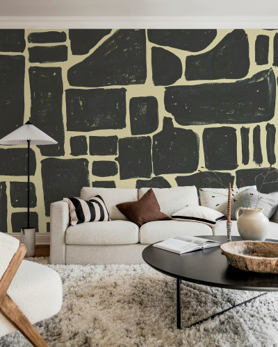 Tapet cu imprimeu bloc negru intr-un living modern