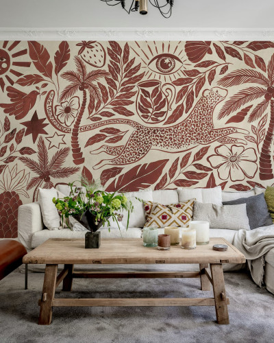 Fototapet cu motive tropicale roșii, decor sufragerie