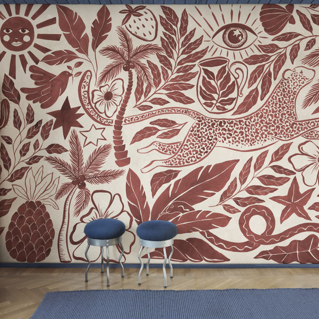 Fototapet cu motive tropicale roșii, decor sufragerie