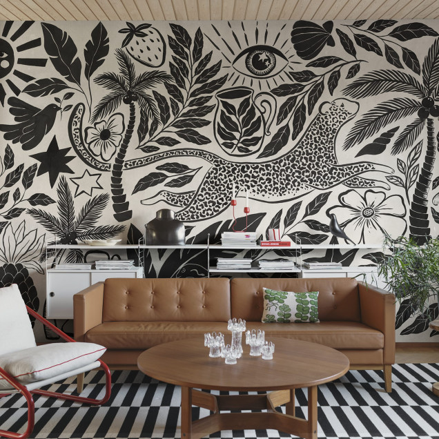 Fototapet tropical alb-negru cu leopard și motive florale