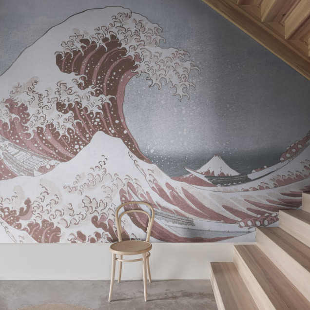 Imagine de fundal cu valuri albastre și roz, inspirată de gravura japoneză „Marele Val al lui Kanagawa” de Hokusai.