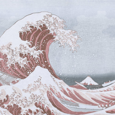 Imagine de fundal cu valuri albastre și roz, inspirată de gravura japoneză „Marele Val al lui Kanagawa” de Hokusai.