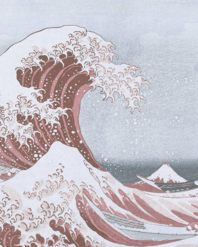 Imagine de fundal cu valuri albastre și roz, inspirată de gravura japoneză „Marele Val al lui Kanagawa” de Hokusai.