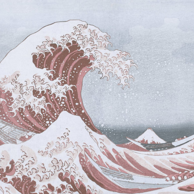 Imagine de fundal cu valuri albastre și roz, inspirată de gravura japoneză „Marele Val al lui Kanagawa” de Hokusai.