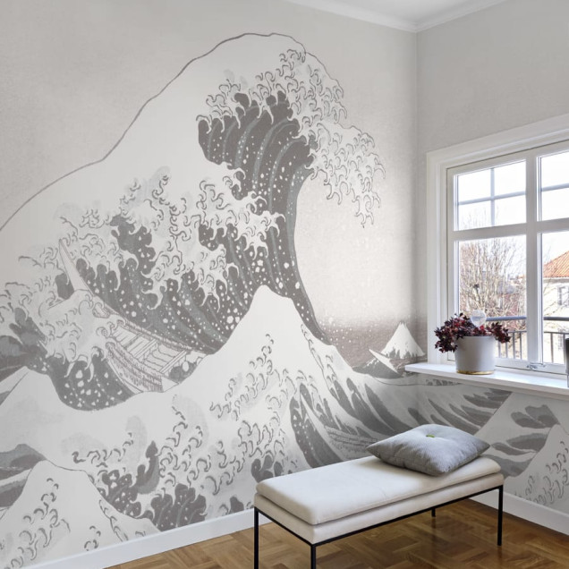Tapet cu modelul Valul din Kanagawa în nuanțe de gri și alb, potrivit pentru un decor modern și elegant.