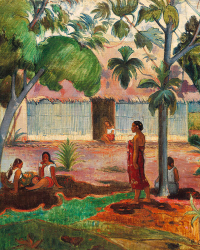 Tapet artistic cu design exotic, inspirat din opera lui Gauguin. Imaginea prezintă un peisaj tropical cu copaci, case și personaje.