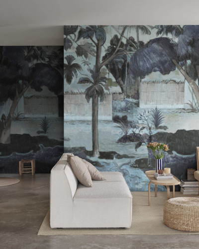 Tapet cu un design abstract cu un copac mare si un peisaj albastru