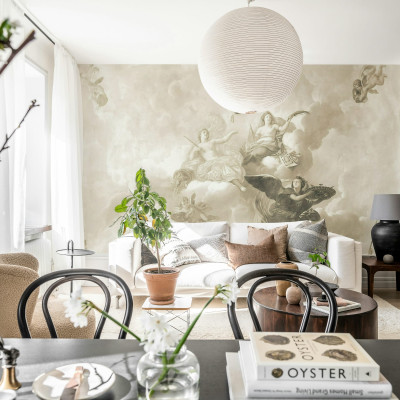 Fototapet bej cu motive clasice într-un living elegant