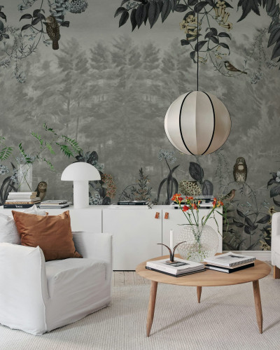 Fototapet cu pădure și bufnite, design interior elegant