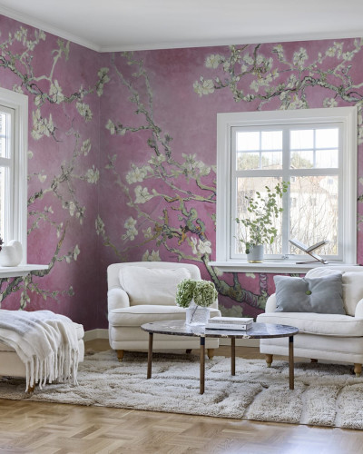 Tapet cu flori de migdal roz, design inspirat din Vincent van Gogh, perfect pentru dormitoare, livinguri sau birouri.