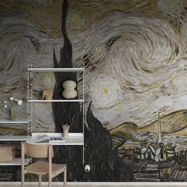Tapet Starry Night - Brown, inspirat de celebra pictură a lui Vincent van Gogh, 