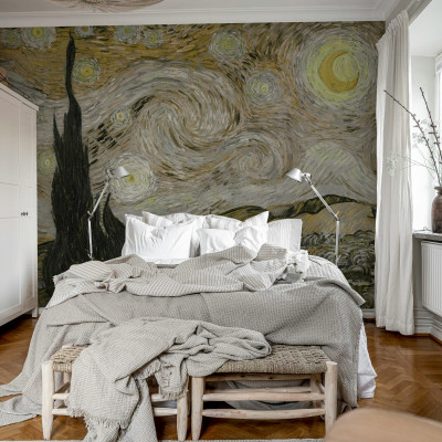 Tapet Starry Night - Brown, inspirat de celebra pictură a lui Vincent van Gogh, 