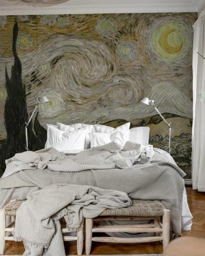 Tapet Starry Night - Brown, inspirat de celebra pictură a lui Vincent van Gogh, 