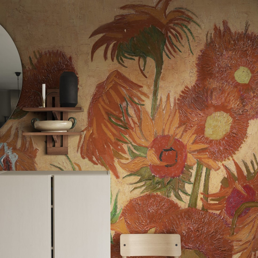 Imagine de fundal cu Sunflowers by Van Gogh de Rebel Walls, prezentând o buchet de flori de soare în culori calde, în stilul pictorului olandez.