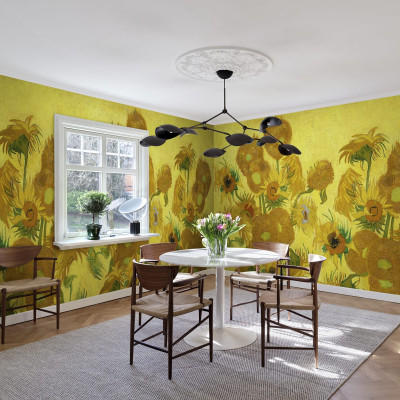 Tapet cu floarea soarelui, design vibrant, repetiție delicată