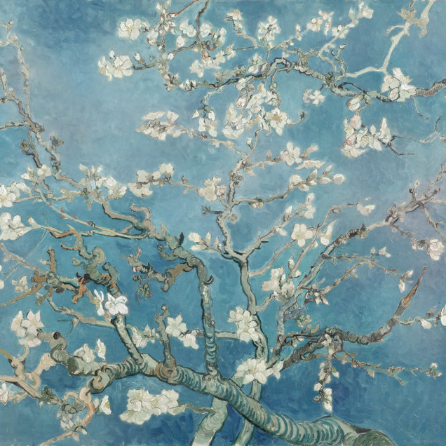 Tapet cu design artistic Almond Blossom by Van Gogh, ce redă o imagine vibrantă a ramurilor înflorite de migdal.