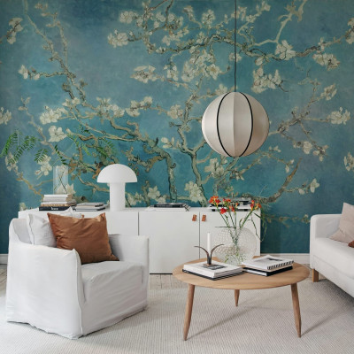 Tapet cu design artistic Almond Blossom by Van Gogh, ce redă o imagine vibrantă a ramurilor înflorite de migdal.