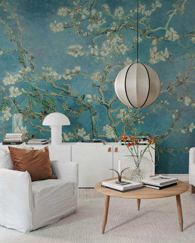 Tapet cu design artistic Almond Blossom by Van Gogh, ce redă o imagine vibrantă a ramurilor înflorite de migdal.