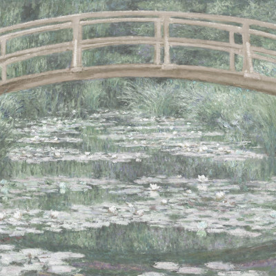 Tapetă murală The Japanese Footbridge, cu un design artistic, care înfățișează o punte japoneză peste un lac cu nuferi.