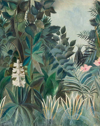 Tapet cu design de junglă ecuatorială, cu plante tropicale și animale sălbatice.