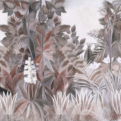 Tapet cu design tropical, The Equatorial Jungle, Soft, cu plante verzi si flori albe pe un fundal gri