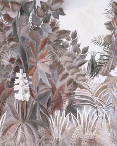 Tapet cu design tropical, The Equatorial Jungle, Soft, cu plante verzi si flori albe pe un fundal gri