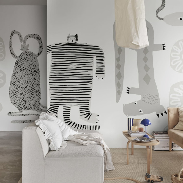 Tapet cu design Funky Friends cu culori pastelate, perfect pentru un dormitor de copii.