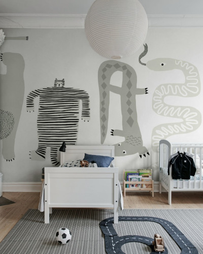 Tapet cu design Funky Friends cu culori pastelate, perfect pentru un dormitor de copii.