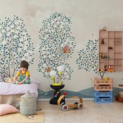 Wallpaper Happy Haven, Turquoise, cu design de pădure fermecată, cu copaci cu flori albe și păsări.