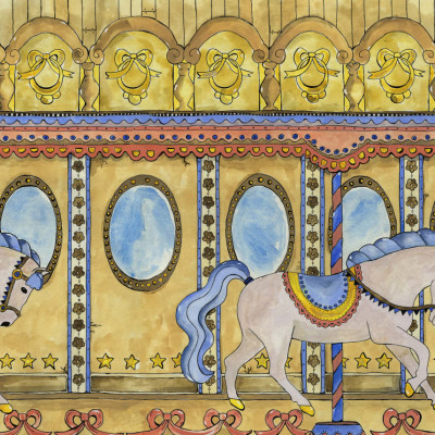 Tapet Merry Go Around, Yellow, cu cai de carusel pe un fundal galben.