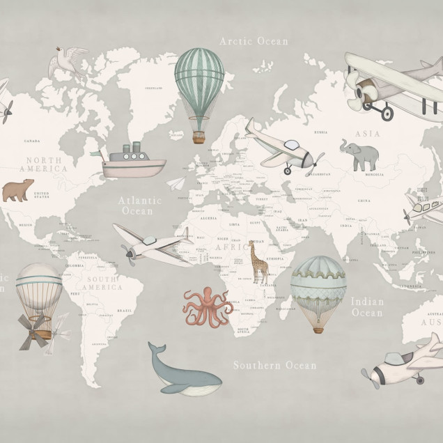 Tapet camera copilului cu harta lumii, baloane cu aer cald, avioane și animale