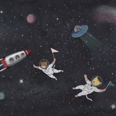 Tapet Space Cats, Midnight, cu pisici astronaute ce zboara prin galaxie