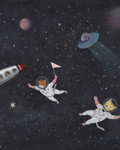 Tapet Space Cats, Midnight, cu pisici astronaute ce zboara prin galaxie