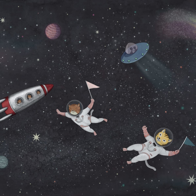 Tapet Space Cats, Midnight, cu pisici astronaute ce zboara prin galaxie