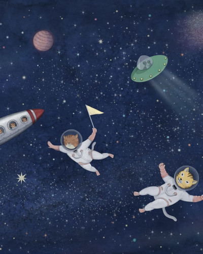Tapet cu o pisică în costum de astronaut zburând prin spațiu cosmic