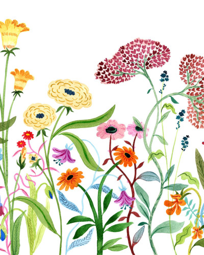 Tapet floral colorat cu flori diverse, aplicat pe un perete din camera de zi, decorata cu o canapea si un covor.