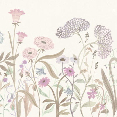 Tapet floral Summerfield, Pastel, cu flori pastelate delicate, pe un perete în living.