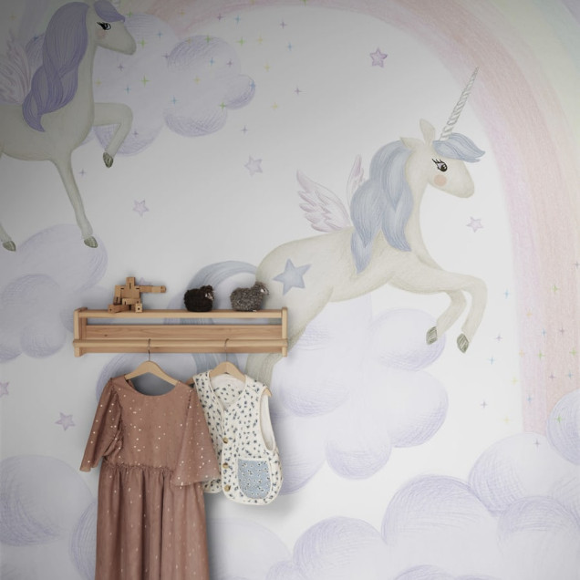 Fototapet Unicorn Sky, Lilac cu unicorni, curcubeu și stele.