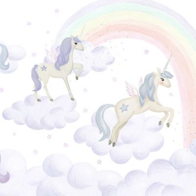 Fototapet Unicorn Sky, Lilac cu unicorni, curcubeu și stele.