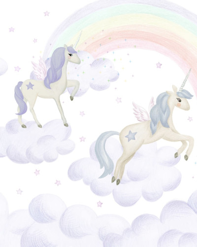 Fototapet Unicorn Sky, Lilac cu unicorni, curcubeu și stele.