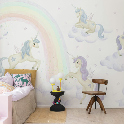 Fototapet Unicorn Sky, Lilac cu unicorni, curcubeu și stele.