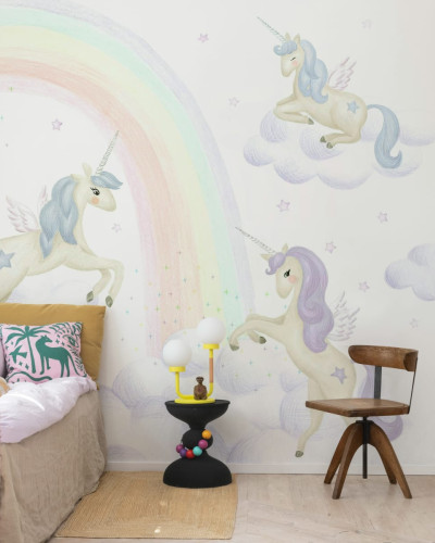 Fototapet Unicorn Sky, Lilac cu unicorni, curcubeu și stele.