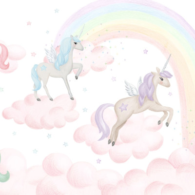 Tapet cu unicorni si curcubeu pentru camera copiilor