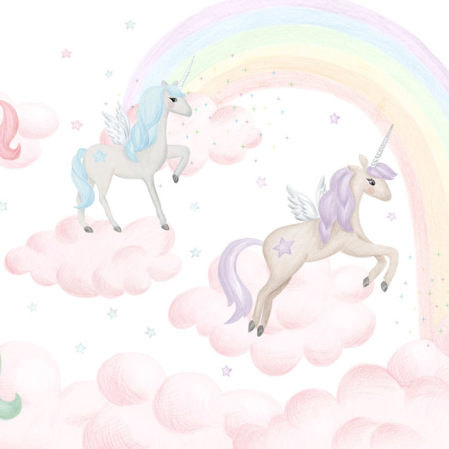 Tapet cu unicorni si curcubeu pentru camera copiilor