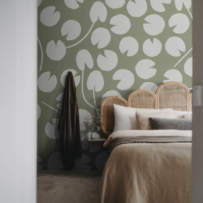 Tapet cu nuferi verzi, design minimalist, ideal pentru dormitoare, livinguri sau holuri.