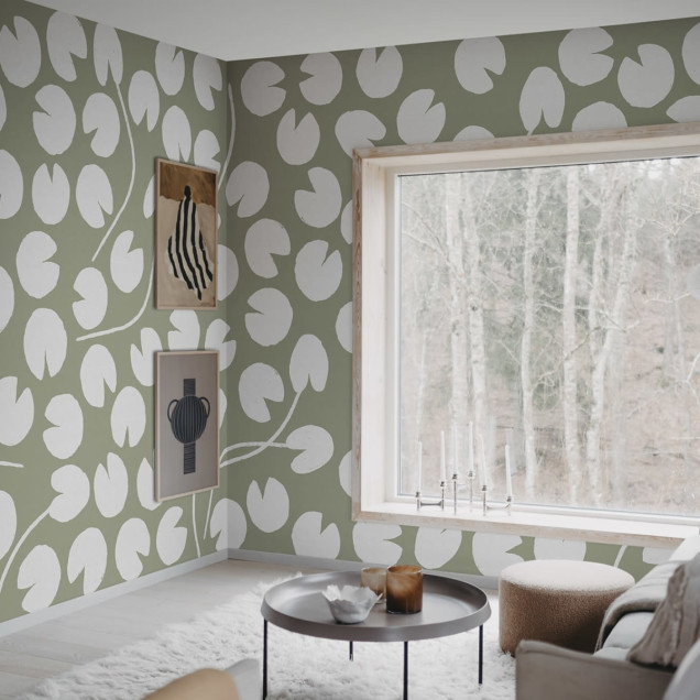 Tapet cu nuferi verzi, design minimalist, ideal pentru dormitoare, livinguri sau holuri.