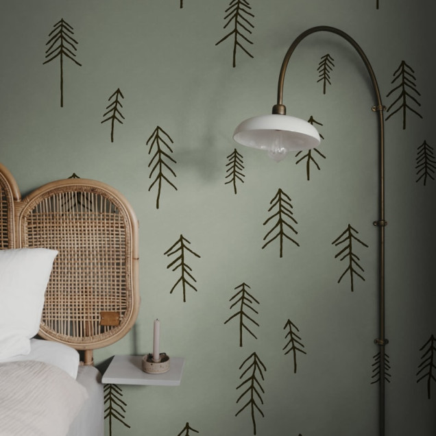 Tapet cu design minimalist cu siluete de brad în negru pe un fundal verde închis