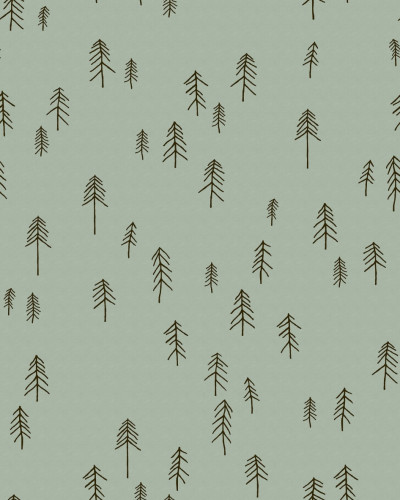 Tapet cu design minimalist cu siluete de brad în negru pe un fundal verde închis