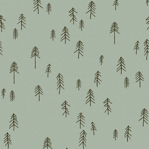 Tapet cu design minimalist cu siluete de brad în negru pe un fundal verde închis